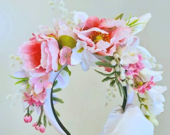 Corona de flores de primavera, Diadema de hadas, Corona de traje eslavo, Tocado de magnolia