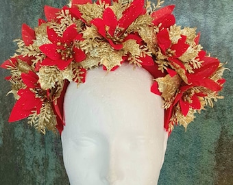 Corona de flores navideña, diadema de flores rojas y doradas, accesorio para la fiesta de Nochevieja