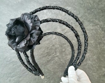 Black Crystal Triple Halo Flower Crown Headband