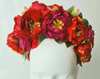 Red Rose Flower Crown , Summer Festival Headpiece , Hen Party Accessory