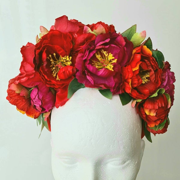 Red Rose Flower Crown , Summer Festival Headpiece , Hen Party Accessory