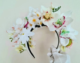 Corona de flores de boda de orquídeas de verano, diadema de Pascua, tocado de dama de honor