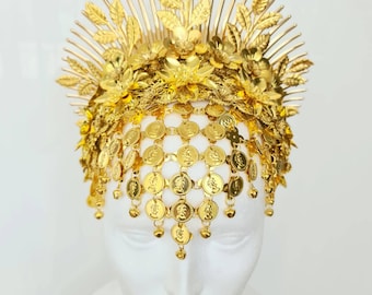 Tocado de cadena de metal dorado, tocado para danza del vientre, corona para festivales.