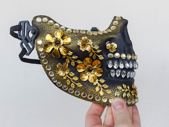 Black Gold Half Skull Festival Dust Mask, Mardi Gras Carnival Costume