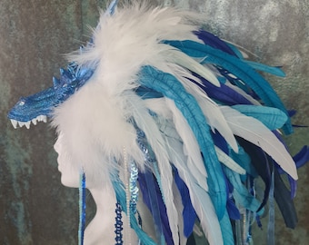 Coiffe de dragon d'eau , Couronne de plumes de dragon de glace bleue , Déguisement d'Halloween