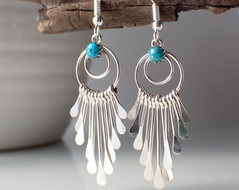 Sterling Silver Fringe Waterfall Earrings With Turquoise by Navajo Artist Puline Armstrong