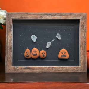 Sea Glass Ghosts with Jack O' Lantern Pumpkins Picture - Halloween Art - Spooky Season Art - Graveyard Ghost Art