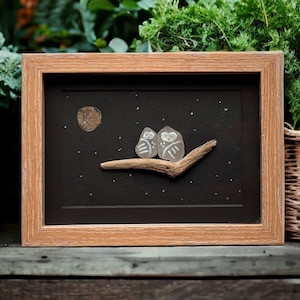 Two Sleeping Sea Glass Owls on Driftwood Picture - Parent and Baby or Couple