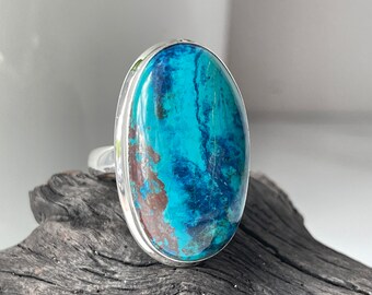 Size 8 Gift for her Natural Chrysocolla ring Light everyday ring 925 sterling silver Small genuine gem Beautiful design
