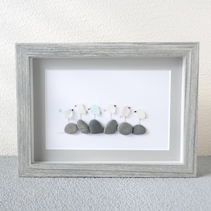 Sea Glass Six Birds Family Picture Pebble Art - Sea Glass Art