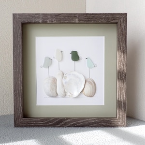 Four Sea Glass Birds on Shells - Sea Glass Art Picture