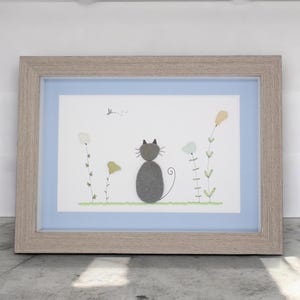Pebble Art Cat Sitting In A Sea Glass Garden Pebble Art - Sea Glass Art