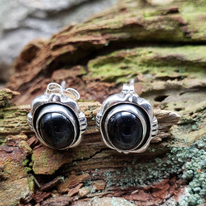Navajo Made Sterling Silver Onyx Studs VM Signed Jewelry