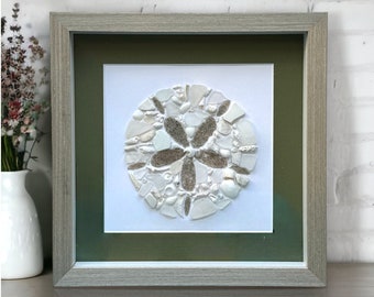 White Sea Glass, Coral, Shells, & Pottery Mosaic Sand Dollar Picture - Sea Glass Art - Shell Art