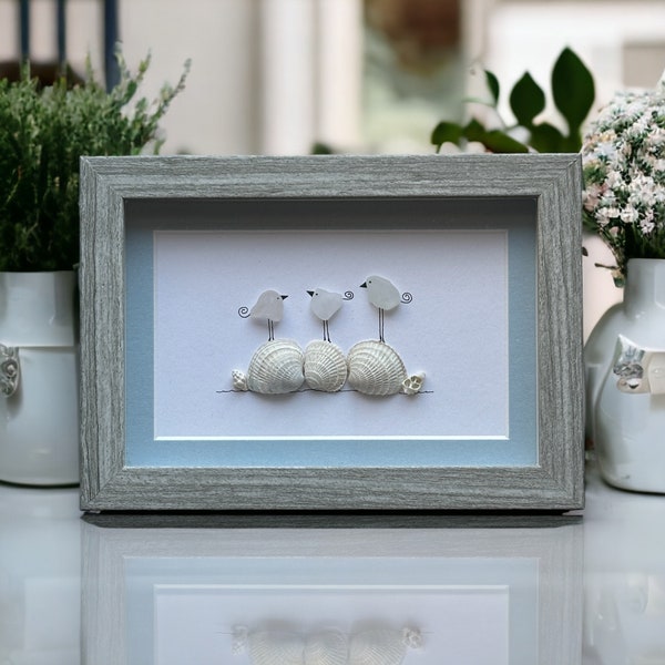 Three Sea Glass Birds on Sea Shells Sea Glass Picture - Coastal Decor - Beach Home Decor - Beach House - Sea Glass Art