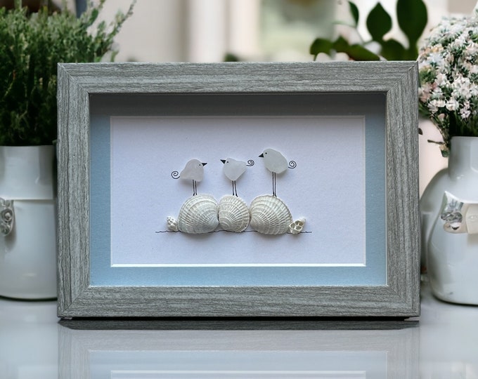 Three Sea Glass Birds on Sea Shells Sea Glass Picture - Coastal Decor - Beach Home Decor - Beach House - Sea Glass Art