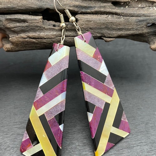 Santa shops Domingo Pueblo Made Sterling Mosaic Purple Slice Drop Earrings