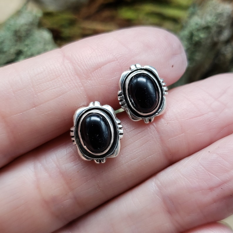 Navajo Made Sterling Silver Onyx Studs VM Signed Jewelry