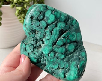 Polished Malachite Free Form on Metal Stand