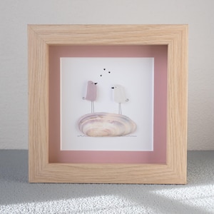Sea Glass Love Birds on Shells - Sea Glass Art Picture - Upcycled Art