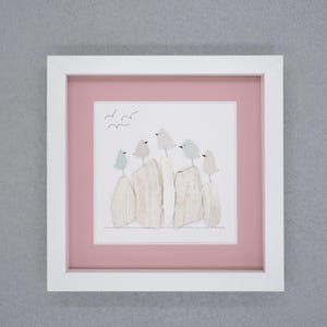 Five Sea Glass Birds on Washed Clam Shells - Sea Glass Art Picture