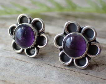 Amethyst Flower Sterling Silver Stud Earrings