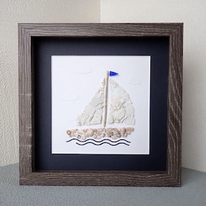 White Sea Glass, Coral, Shells, & Pottery Mosaic Sailboat Picture Mixed Media Art - Sea Glass Art - Shell Art
