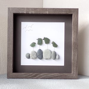 Four Green Sea Glass Birds on Beach Rocks - Sea Glass Art Picture