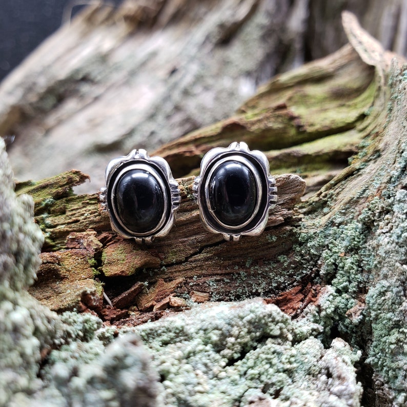 Navajo Made Sterling Silver Onyx Studs VM Signed Jewelry