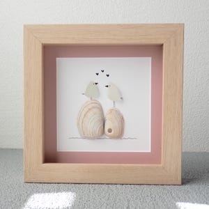 Sea Glass Love Birds on Shells - Sea Glass Art Picture