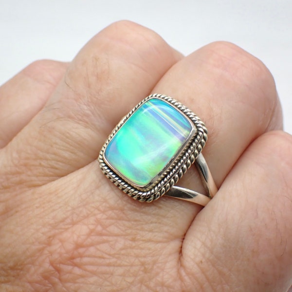 Sterling Silver Aurora Opal Ring Size 11