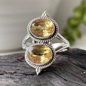 Citrine Sterling Silver Faceted Two Stone Ring Size 11