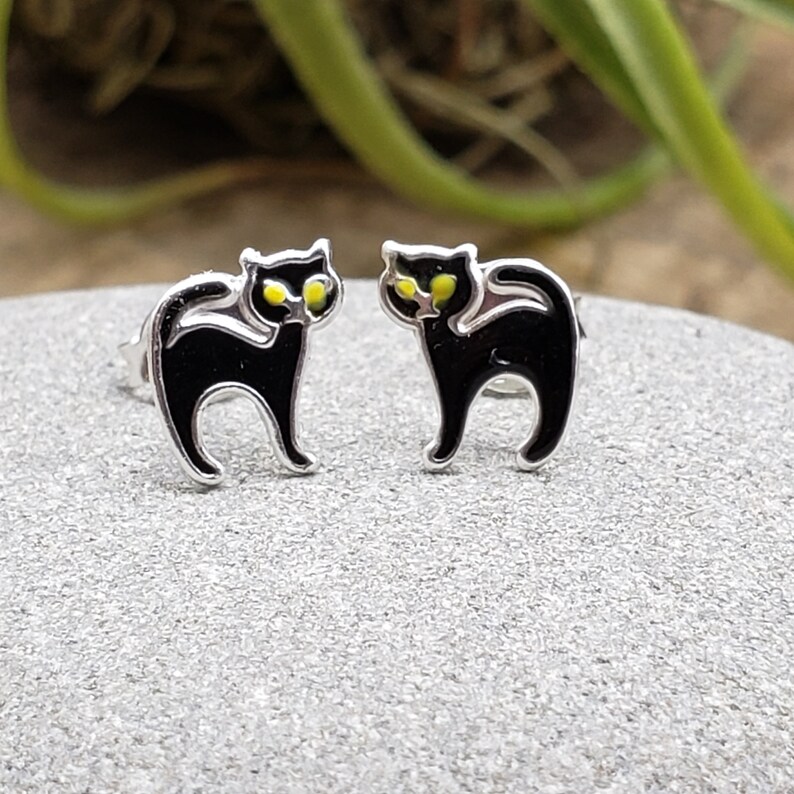 Nickel and Lead Free Sterling Silver Black Cat Studs // Halloween Earrings // Nickel Free Earrings // Hypoallergenic // Post Earrings image 1