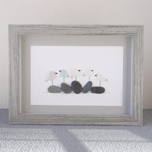 Sea Glass Four Birds Family Picture Pebble Art - Sea Glass Art