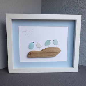 Four Colorful Sea Glass Birds on Driftwood - Sea Glass Art Picture