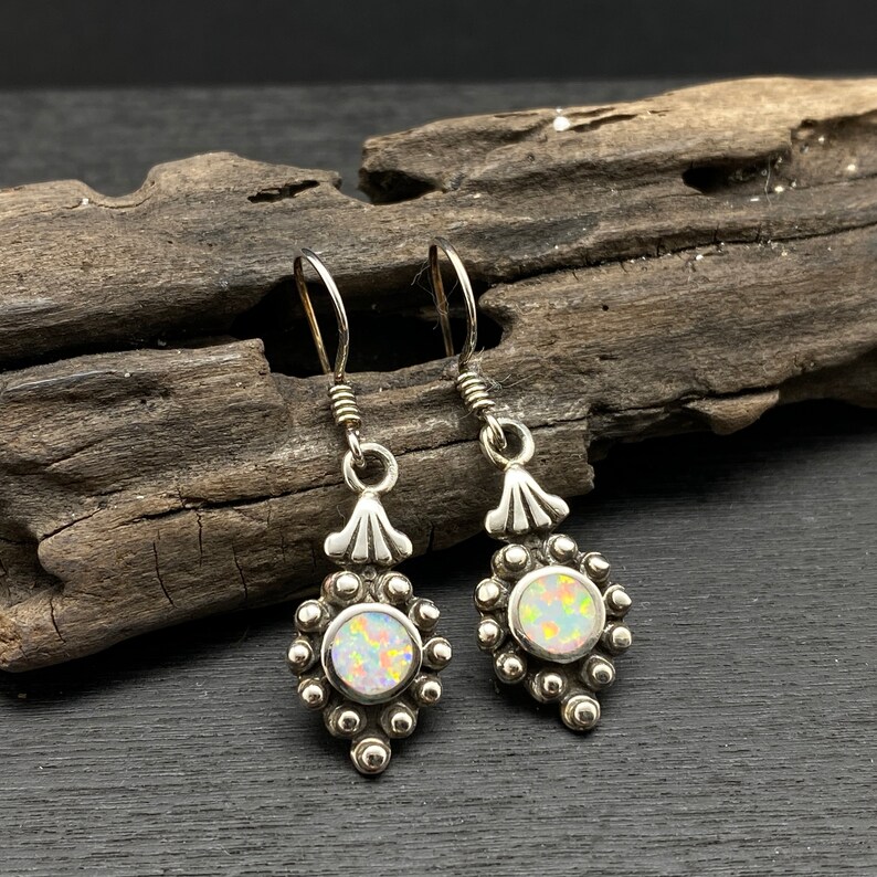 Sterling Silver Dotted White Opal Dangle Earrings