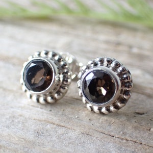 Smoky Quartz Faceted Sterling Silver Crystal Stone Stud Earrings