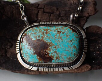 Navajo Artist Alfred Martinez 17" Kingman Turquoise Sterling Silver Rectangle Bar Necklace