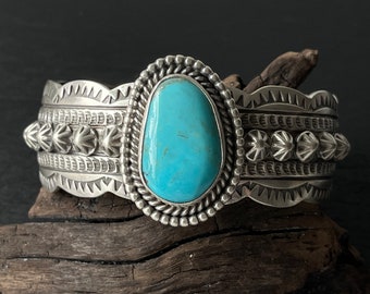 Sterling Silver Ocean Blue Kingman Turquoise Cuff Bracelet By Navajo Artist Wydell Billie