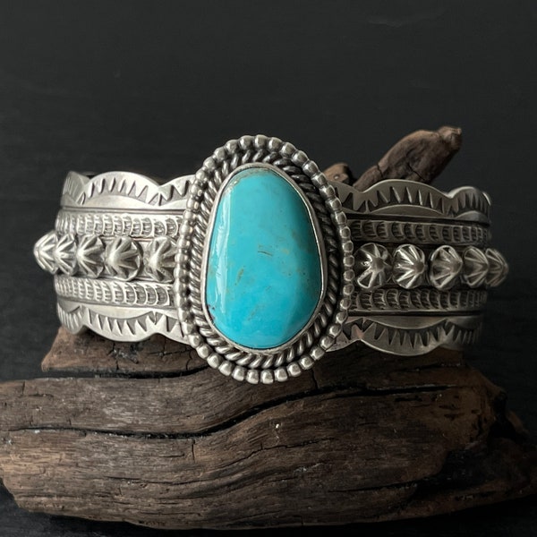 Sterling Silver Ocean Blue Kingman Turquoise Cuff Bracelet By Navajo Artist Wydell Billie