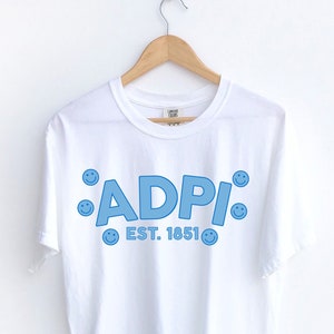 Alpha Delta Pi-shirt, ADPi-studentenclubshirt blauw bubbelsmiley