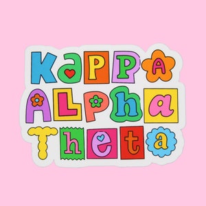 May include: A colorful sticker with the words "KAPPA ALPHA THETA" in a groovy, retro font. The letters are in various bright colors, including blue, orange, pink, and green, with flower and heart accents.