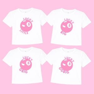 Lucky 8 big little sorority shirts matching tees for little big gbig ggbig with pink 8 ball design