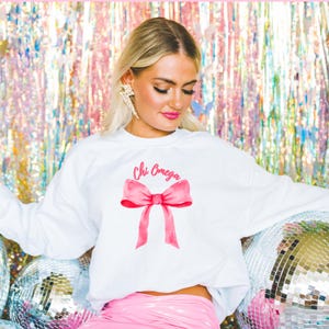 Chi Omega Sweatshirt – Pink Bow Crewneck, Sorority Sweatshirt
