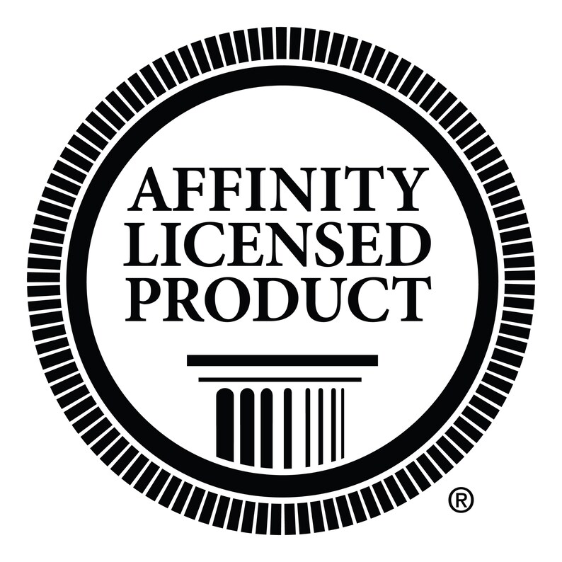 May include: A black and white circular emblem with the text "AFFINITY LICENSED PRODUCT" in a bold, serif font. The emblem features a decorative border and a stylized architectural element at the bottom. The registered trademark symbol is in the lower right corner.