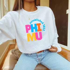 Phi Mu Sweatshirt – Colorful Letters Crewneck, Sorority Sweatshirt