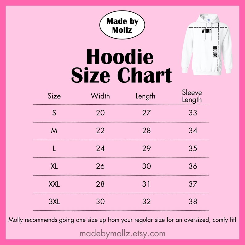 May include: A pink graphic with a white hoodie illustration and a size chart. The chart lists sizes S to 3XL, with corresponding width, length, and sleeve length measurements in inches. The text "Hoodie Size Chart" is prominently displayed.