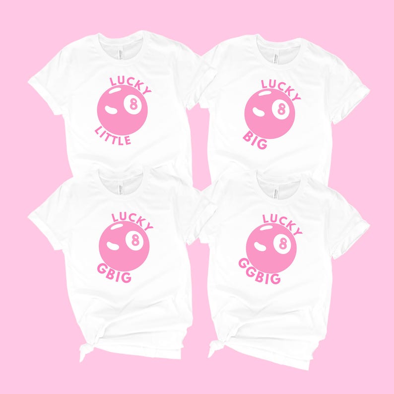 Lucky 8 big little sorority shirts matching tees for little big gbig ggbig with pink 8 ball design