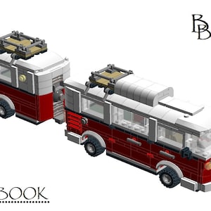 Op de afbeelding: Een Lego-model van een rode, witte en grijze campervan met een dakrek. Het model heeft zwarte wielen en heldere ramen. De tekst "E-BOOK" staat linksonder. Het logo "Brick Bee" staat rechtsboven.