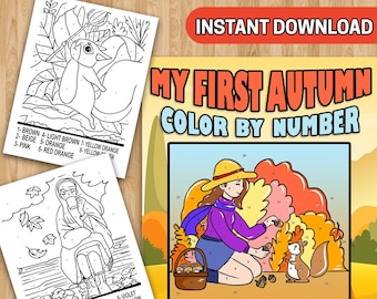 May include: Color by number activity featuring a girl in a purple sweater and a brown hat, a squirrel, and autumn leaves. The image includes the text "My First Autumn Color by Number".